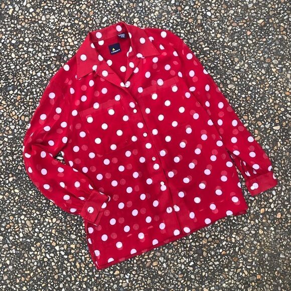 Vintage 1990s faux silk polka dot blouse red white - Picture 1 of 6